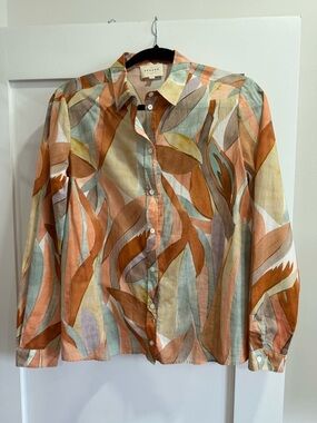 Sezane Vintage-Inspired Abstract Leaf Print Button-Down - Terracotta & Sage